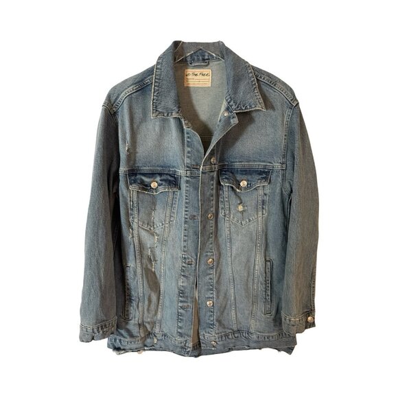 Free People Distressed Long Denim Jean Jacket Cotton - Picture 1 of 10